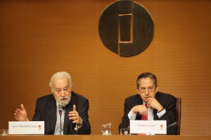 Luis Eduardo Cortés, presidente ejecutivo de Ifema, y Fermín Lucas, director general de Ifema, esta mañana durante la presentación de Ifema Plus